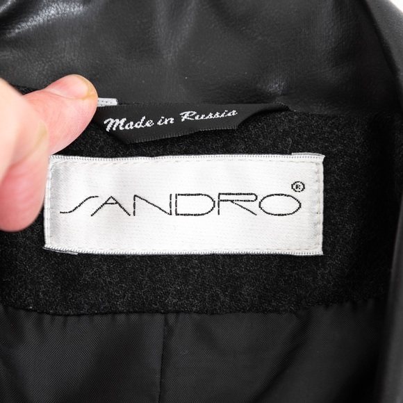 Sandro 100% wool black charcoal zipper front jacket with faux leather collar 10 - Picture 11 of 14